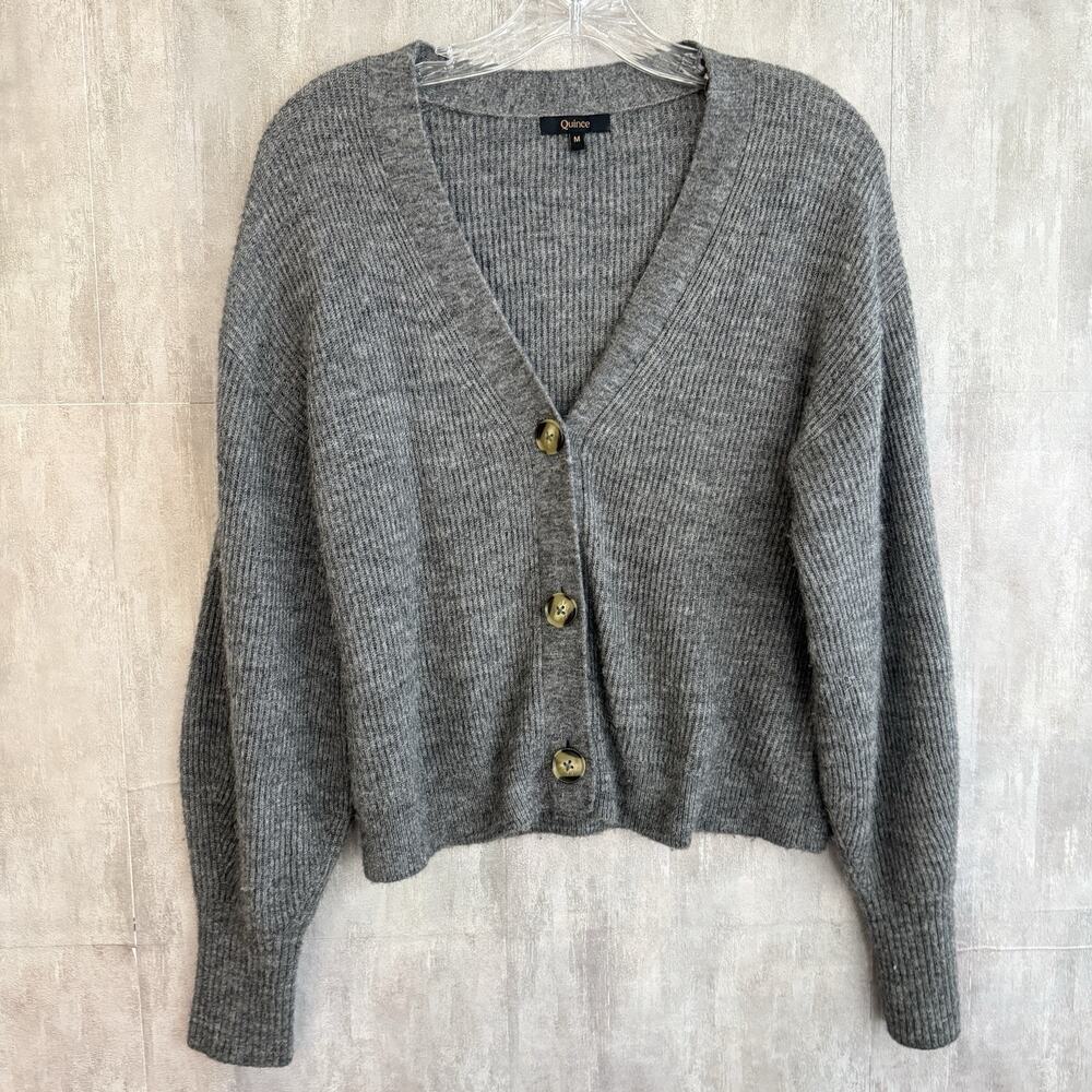 Quince Baby Alpaca-Wool Cropped Cardigan Women M Sweater Ribbed Charcoal Button
